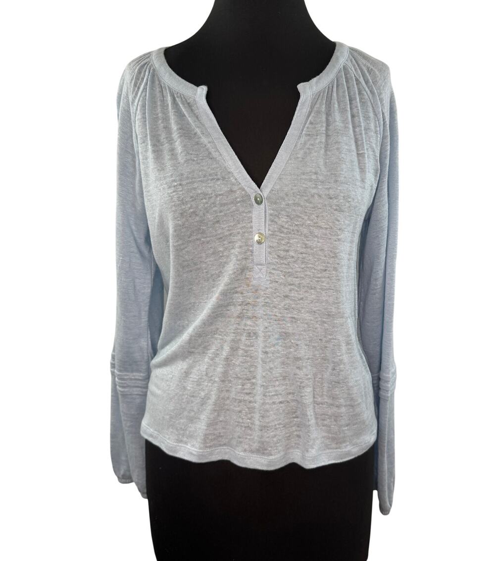 Calypso St Barth Light Blue Top Linen Henley Split Neck Long Sleeve M Medium